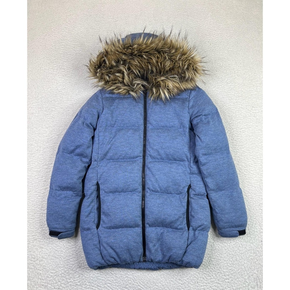 Gap Classic Puffer Coat Womens XXXS Blue Heather Faux Fur Hood‎ Down Fill Winter